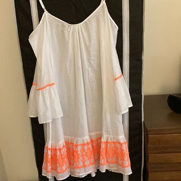 Taj By Sabrina Crippa Coverup Dress in White Cotton with Orange Embroidery. - Picture 5 of 8